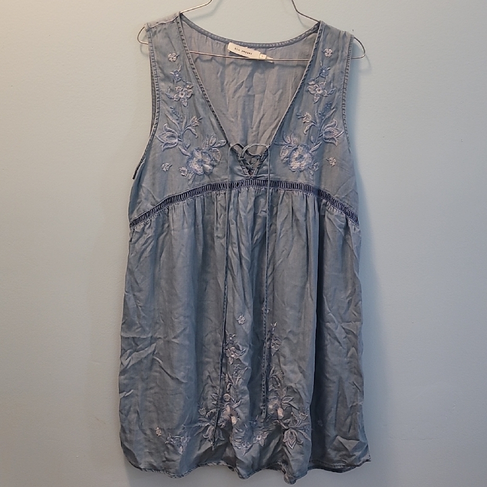 Blu Pepper Light Blue V-Neck Tunic with Embroidered Detail